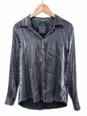 Lauren Ralph Lauren Silver Metallic Blouse Women’s L Button Front Shimmer Top